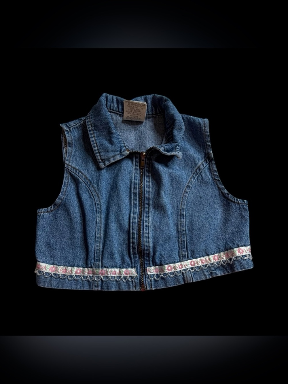 Vintage 90s Y2K California Concepts Cropped Denim Vest Zip Up Floral Trim Sz 5